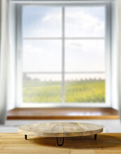 Desk Of Free Space With Pedestal And White Window Background With Spring View. 