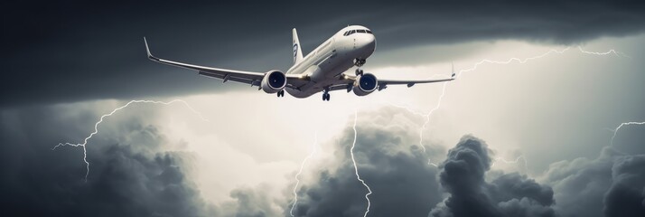 Plane in flight passing through a thunderstorm, surrounded by dark clouds and lightning strikes. Generative AI