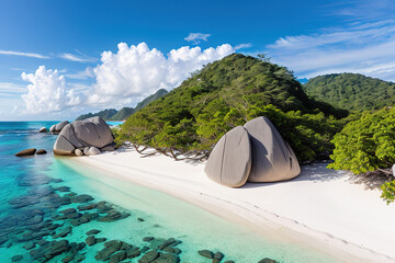 Wall Mural - Paradise beach of a tropical island, palm trees, white sand, azure water. Famous stone beach in the Seychelles. Generative AI.