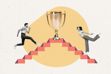 Poster - Creative collage image of two black white gamma mini people run climb stairs big trophy cup isolated on painted background