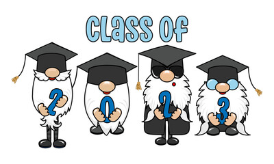 Wall Mural - Class of 2023 - Cute smiling happy trolls with diploma. Cartoon character in Scandinavian style. Congratulation graduates. Good for t-shirt, mug, gift. Nordic gnomes.