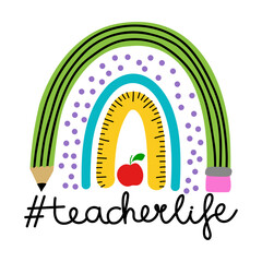 teacherlife - colorful typography design with red apple and rainbow. thank you gift card for teacher