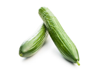 Wall Mural - Fresh green cucumbers isolated on white background.