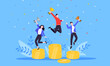 © Konstantin - People standing on the money podium rank first three places, jumps in the air with trophy cup. Employee recognition and competition award winner business concept flat style design vector illustration.