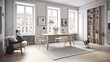© DIMENSIONS - A bright and airy city apartment home office with sunlit views of the bustling city street through three windows, photorealistic illustration, Generative AI