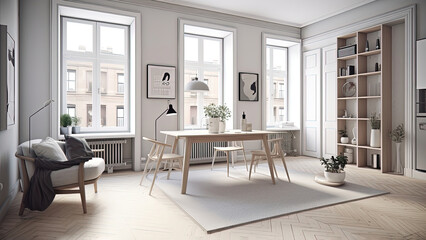 A bright and airy city apartment home office with sunlit views of the bustling city street through three windows, photorealistic illustration, Generative AI