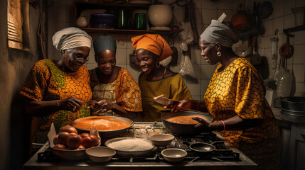 A fictional person. A happy family cooking and sharing a meal together in the kitchen