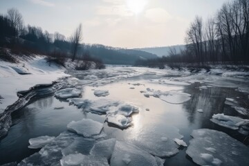 Wall Mural - frozen river with broken ice and flow of water, in winter landscape, created with generative ai