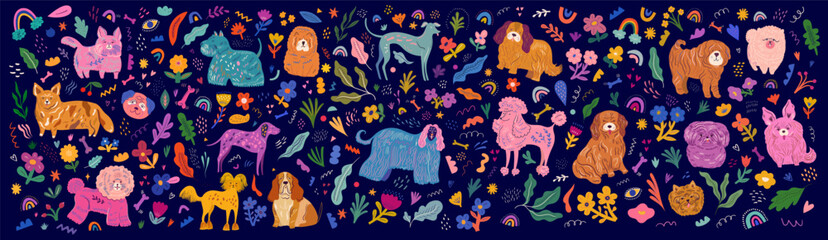 Wall Mural - Huge colourful cartoon vector collection with cute dogs, flowers, leaves and abstract forms on a dark background. Children's set of different dog breeds and decorative elements.