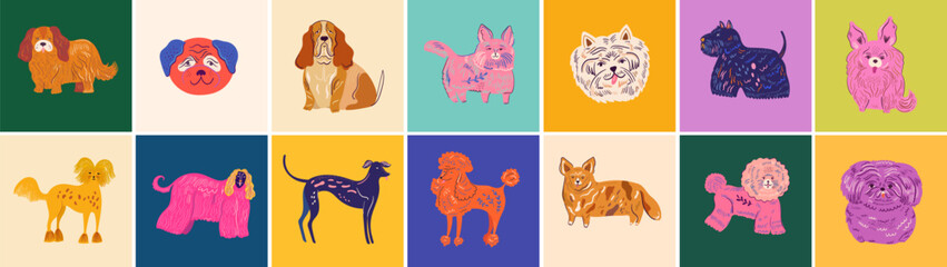 Wall Mural - Huge colourful cartoon vector collection with cute dogs. Vector set of different dog breeds.