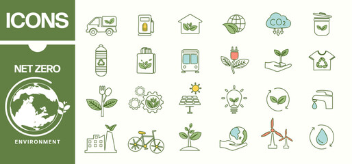 Wall Mural - NET ZERO banner icons set, carbon neutral and net zero concept. Net zero greenhouse gas emissions target. Climate neutral long term strategy with green net zero line icon. Vector illustration.