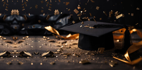 graduation cap hat with exploding falling glitter confetti. dark black background for collage graduation celebration, achievement announcement. generative ai
