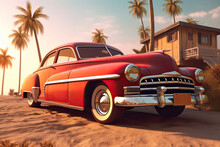 Art Of A Red Classic Car On The Beach With Palm Trees In The Style Of The Late 1940s Early 1950s, Generative AI