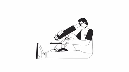 Poster - Man adjusts microscope bw animation. Lab worker analyzing sample isolated 2D flat monochromatic thin line character 4K video footage on white with alpha channel transparency for web design
