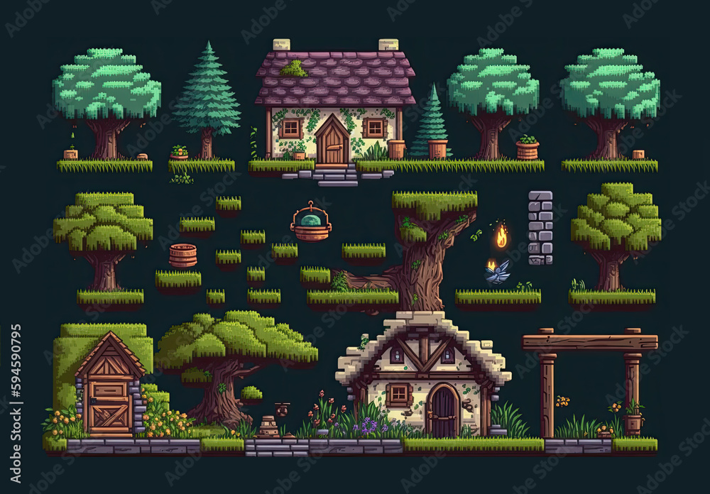 Set of 8bit pixel art arcade game scene with houses and trees, created ...