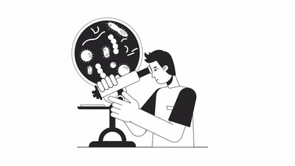 Fototapete - Clinical research bw animation. Animated medical lab technician 2D flat monochromatic thin line character. Microbiology 4K video concept footage with alpha channel transparency for web design