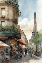 A Day In Paris Vibrant Ink And Watercolor And Highly Detailed Oil Illustration. Style Of Earth Colors And Browns, Ocher. Upright Composition. Created With Ai