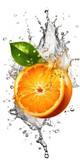 Fototapeta Kuchnia - Fresh orange and leaf with water splash isolated on white background. generative Ai