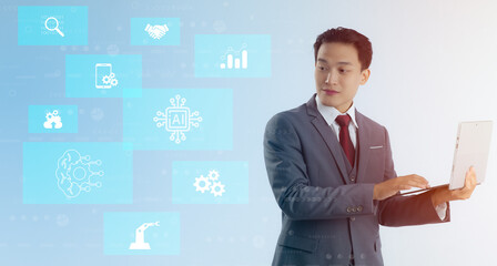 Fototapete - Businessman using laptop computer. Digital virtual screen. AI machine learing blue icons. Technology concept.
