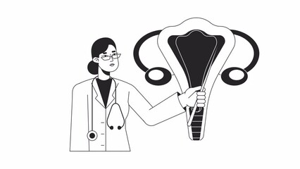 Poster - gynecology doctor bw animation. animated gynaecologist, obgyn 2d flat monochromatic thin line charac