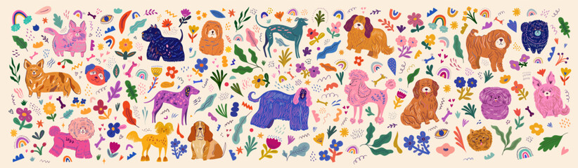 Wall Mural - Huge colourful cartoon vector collection with cute dogs, flowers, leaves and abstract forms. Children's set of different dog breeds and decorative elements.