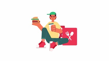 Aufkleber - delivery guy taking break animation. fast food courier drinking with burger isolated 2d cartoon flat