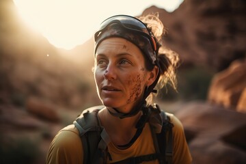 A Woman With A Helmet On And Dirt On Her Face And A Mountain In The Background Desert Canyon Performance Photography Determination Generative AI