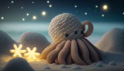 Wall Mural - A cute octopus in a shell on a night sandy sea beach, a knitted toy made of expensive dark textile. Character for children's stories and fairy tales. Created with AI.