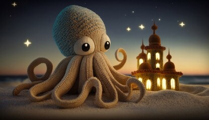 Wall Mural - A cute octopus in a shell on a night sandy sea beach, a knitted toy made of expensive dark textile. Character for children's stories and fairy tales. Created with AI.