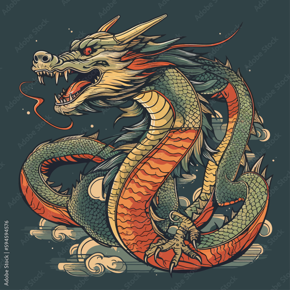 Chinese Dragon tattoo design 2d illustration. Traditional mystical ...
