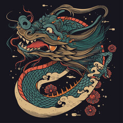 Chinese Dragon tattoo design 2d illustration. Traditional mystical creature vector