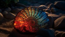 An Ancient Find On The Night Coast Of The Ocean, An Ammonite Shell From Ammolite Thrown Onto A Sandy Beach. Created In AI.