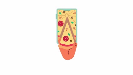 Fototapete - Order pizza online animation. Animated pizzeria service app 2D cartoon flat first view hand. Take pepperoni slice out 4K video concept footage on white with alpha channel transparency for web design