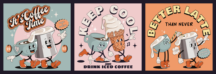 Set of Retro posters with mascot cups of hot drink, cappuccino, latte, espresso in trendy vintage cartoon style. Coffee characters in 60s, 70s old animation style. Vintage comic cafe mascots.