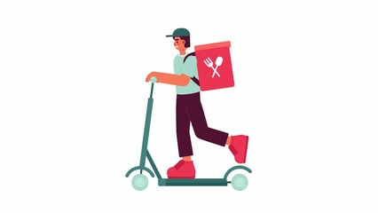 Poster - Food delivery on e scooter animation. Fastfood courier with backpack riding isolated 2D cartoon flat character 4K video footage on white background with alpha channel transparency for web design