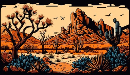 Wall Mural - AI Generative. AI Generated. Mountain desert texas landscape. Wild west western adventure explore inspirational vibe. Graphic Art Illustration.