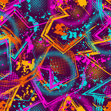 Abstract neon pattern with splattered paint, paint brush strokes, broken lines, halftone shapes. Dense chaotic composition For apparel, fabric, textile, sport goods, vinyl wrap Grunge texture