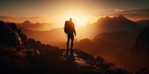 Silhouette of Man climbing up mountains or cliffs, hiking, freedom and travel concept. Sunset. Generative AI