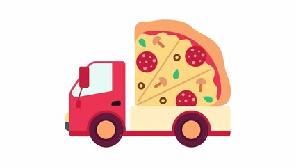 Poster - Delivery lorry with pizza animation. Animated fast food service truck 2D cartoon flat object. Pizzeria transport 4K video concept footage on white with alpha channel transparency for web design