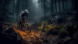 Mountainbiker bei schlechtem Wetter im Gelände Mountainbiking im Wald Trail Sommer Winter Illustration Digital Art Generative AI Hintergrund Sport Leistung Action