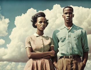 Vintage film style portrait of modern African couple with cloudy african landscape. Generative AI illustration