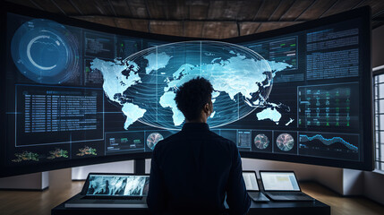 Poster - Businessman looking at hologram screen with world map. Mixed media. Generative AI