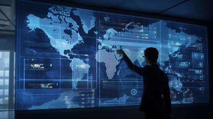 Poster - Businessman working with virtual panel and world map at background. Mixed media. Generative AI