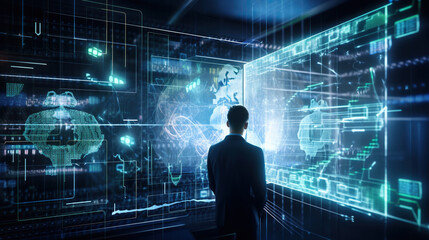 Poster - Back view of businessman working with virtual panel and infographs. Mixed media. Generative AI
