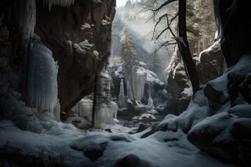 Wall Mural - frozen cavern, with towering ice formations and cascading waterfalls, providing a serene setting, created with generative ai