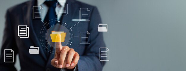 Poster - businessman uses digital Laptop with technology cloud computing for data transmission, data storage, and backup. Cloud Computer technology.