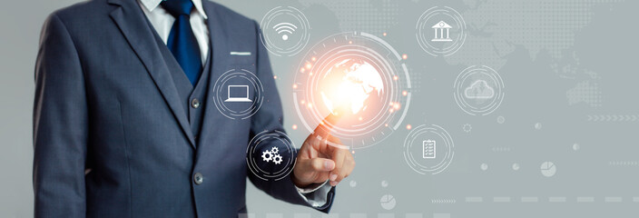 Fototapete - Businessman pressing Icon on hologram virtual screen. Digital transformation technology strategy, IoT, internet of things. 