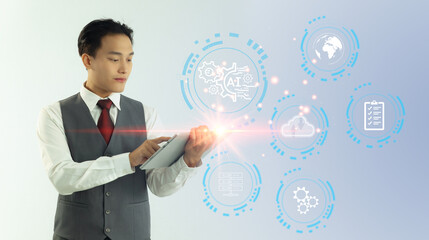 Poster - Technology and business. Ai machine learning. Businessman using tablet chatting ai, white icons and blue neon light hologram.