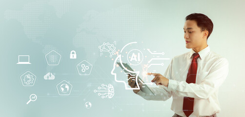 Fototapete - Businessman using tablet chatting with ai smart brain machine learning, white icons blue background.