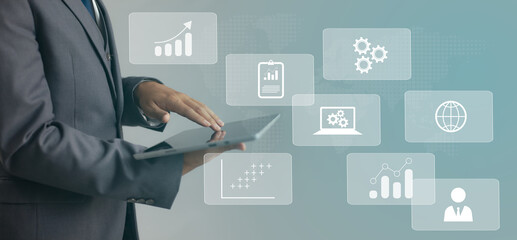 Fototapete - Digital transformation technology strategy, IoT, internet of things. business in the digital age, Businessman working on tablet.